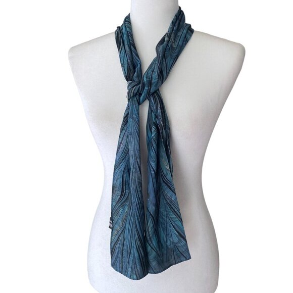 Gail Mackenzie Silk Hand Made Blue Patterned Scarf Rectangle Floral Marbelized - Picture 3 of 6